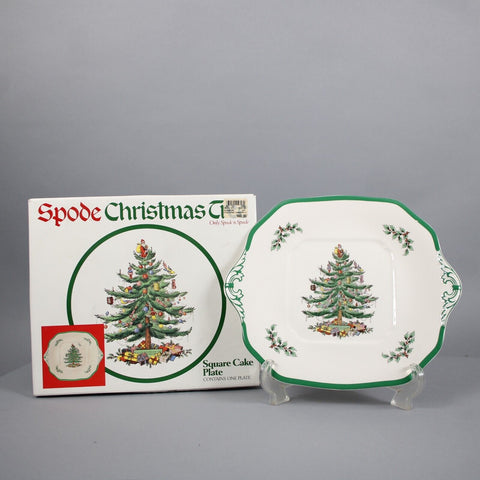 Spode White Green Multi Color Christmas Tree Square Dessert Cake 11" Plate