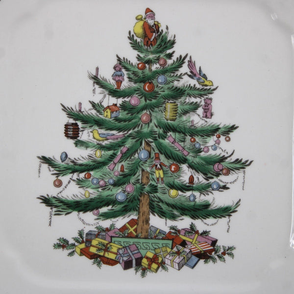 Spode White Green Multi Color Christmas Tree Square Dessert Cake 11" Plate