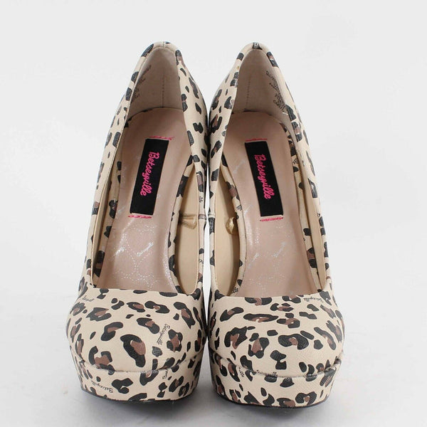 Betseyville Sz 6.5 Tan Brown Animal High Heel Platform Vegan Leather Heels 664B