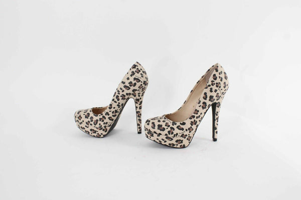 Betseyville Sz 6.5 Tan Brown Animal High Heel Platform Vegan Leather Heels 664B