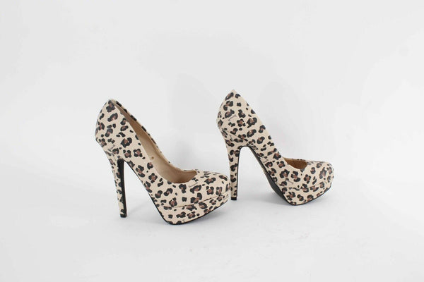 Betseyville Sz 6.5 Tan Brown Animal High Heel Platform Vegan Leather Heels 664B