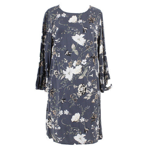 Old Navy Sz M Gray Multi Floral Ruffle Sleeve 100% Rayon Dress