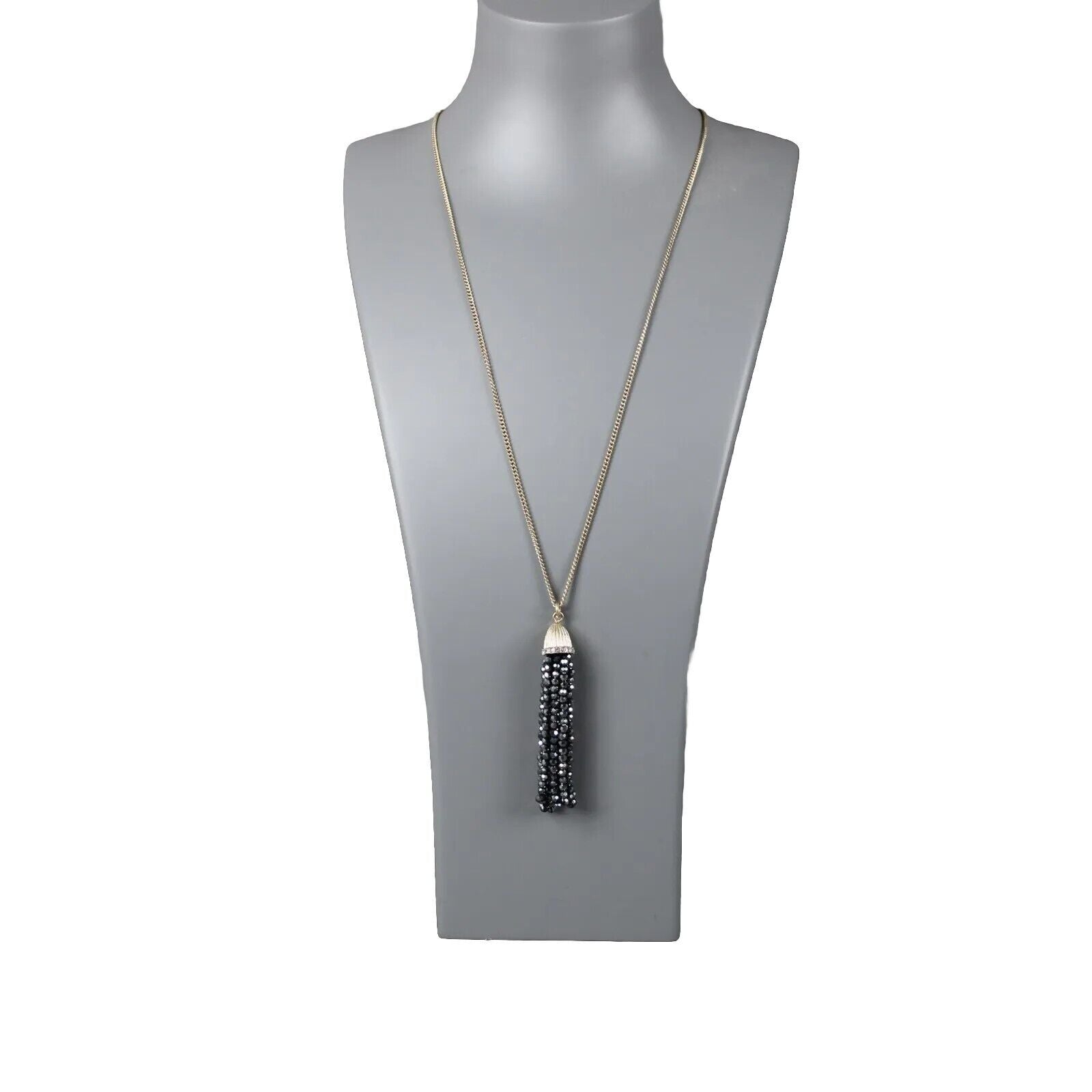 J Crew Goldtone Navy Blue Shine Beaded Tassle Brass 30" Ext. 2" Necklace