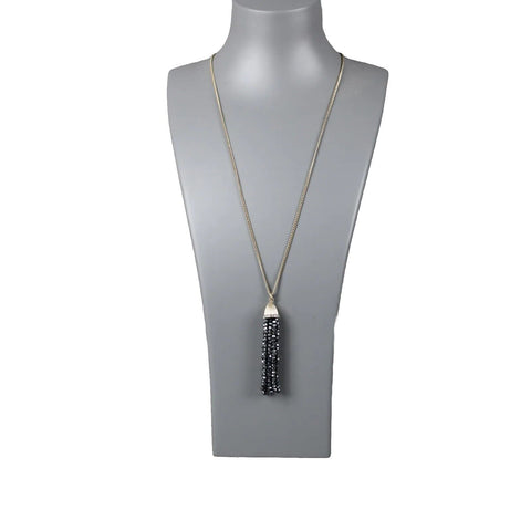 J Crew Goldtone Navy Blue Shine Beaded Tassle Brass 30" Ext. 2" Necklace