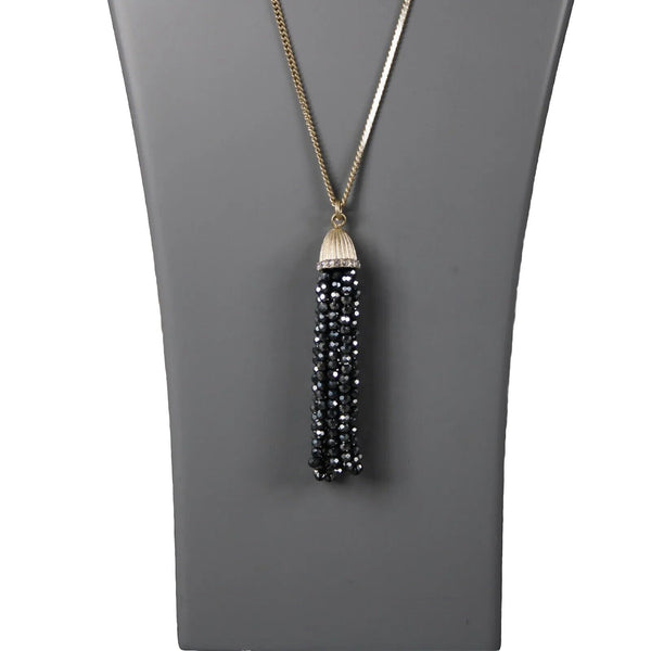J Crew Goldtone Navy Blue Shine Beaded Tassle Brass 30" Ext. 2" Necklace