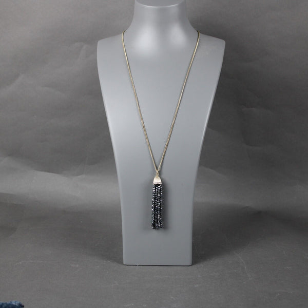 J Crew Goldtone Navy Blue Shine Beaded Tassle Brass 30" Ext. 2" Necklace