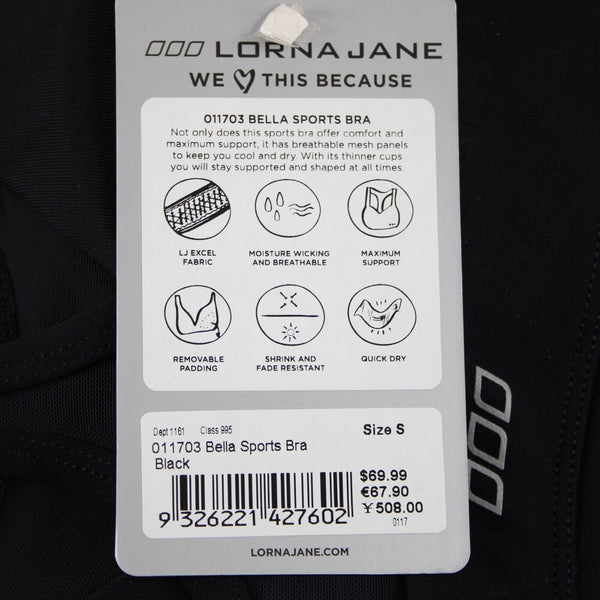 Lorna Jane NEW $70 Bella Sz S Black Removable Pads Nylon Elastane Sports Bra