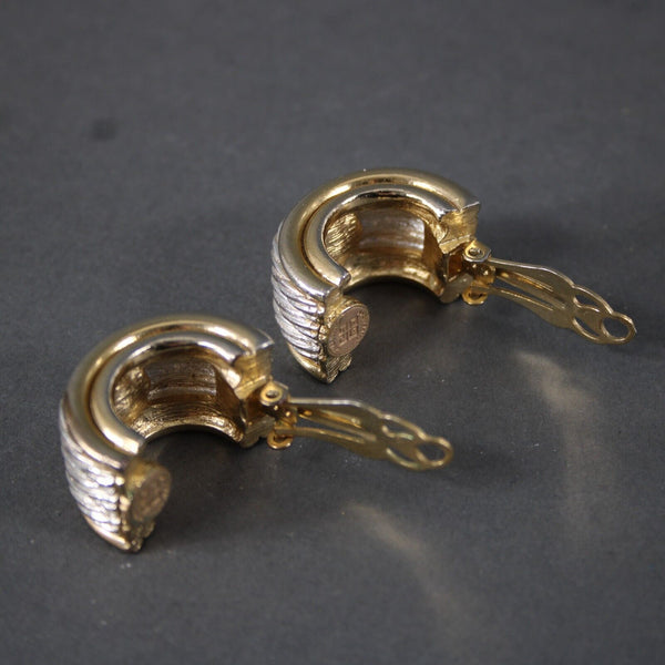 Givenchy Goldtone Silvertone Twisted Rope Texture 1" Huggie Clip On Earrings