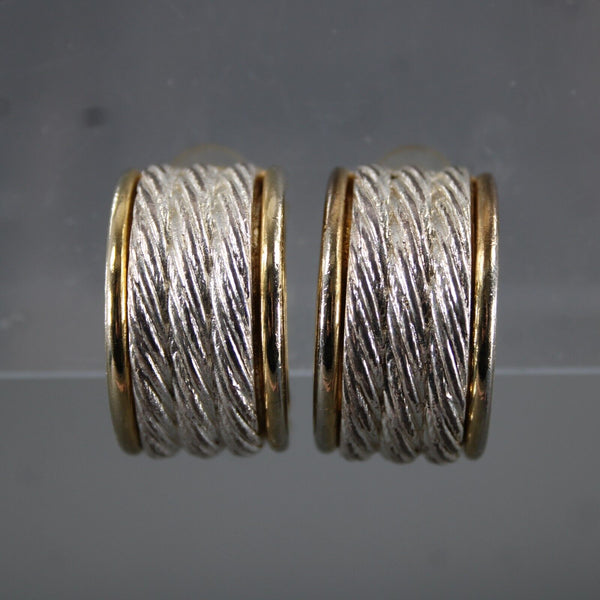 Givenchy Goldtone Silvertone Twisted Rope Texture 1" Huggie Clip On Earrings