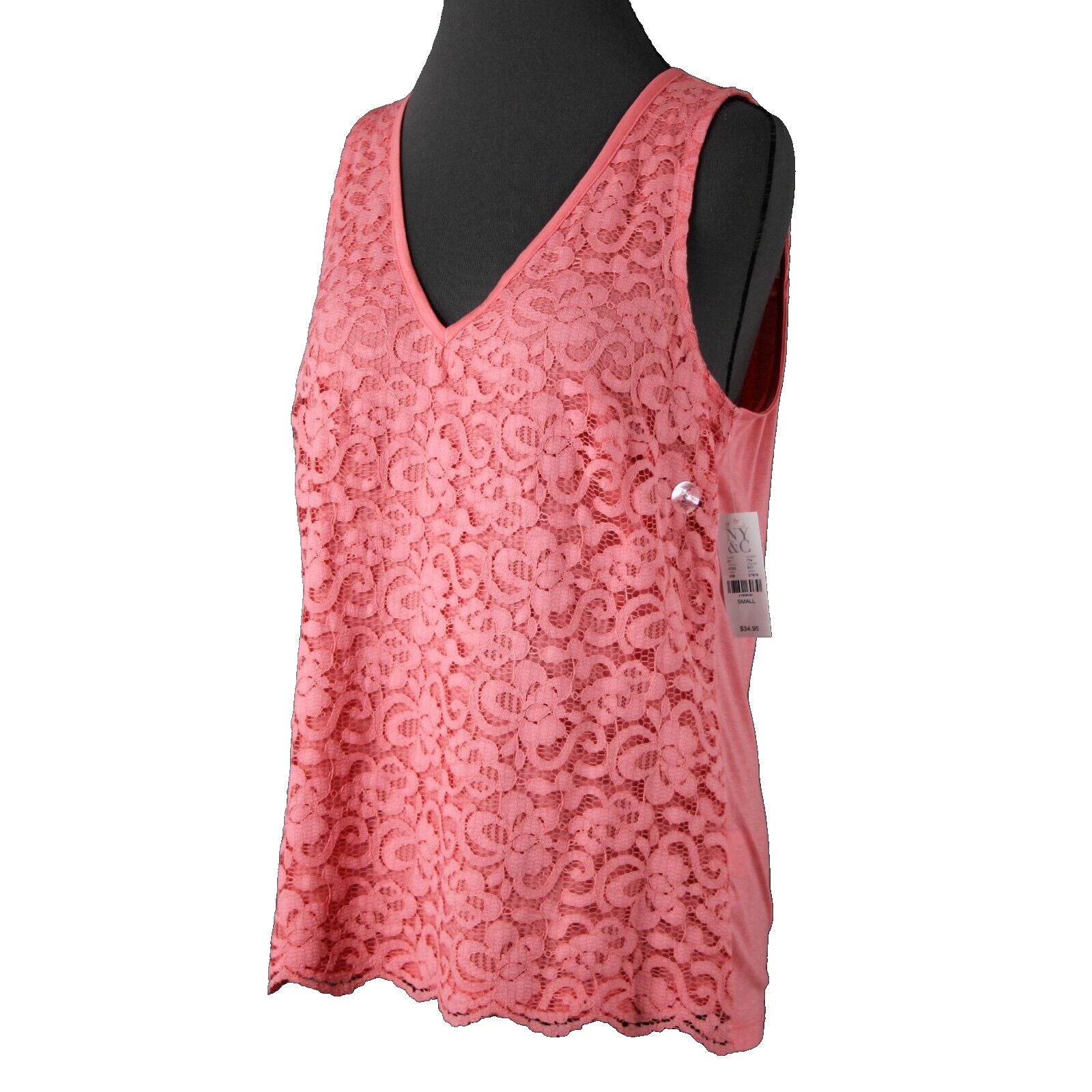 New York And Company NEW $35 Sz S Lace Pink Lined V Neck Zip 100% Rayon Top