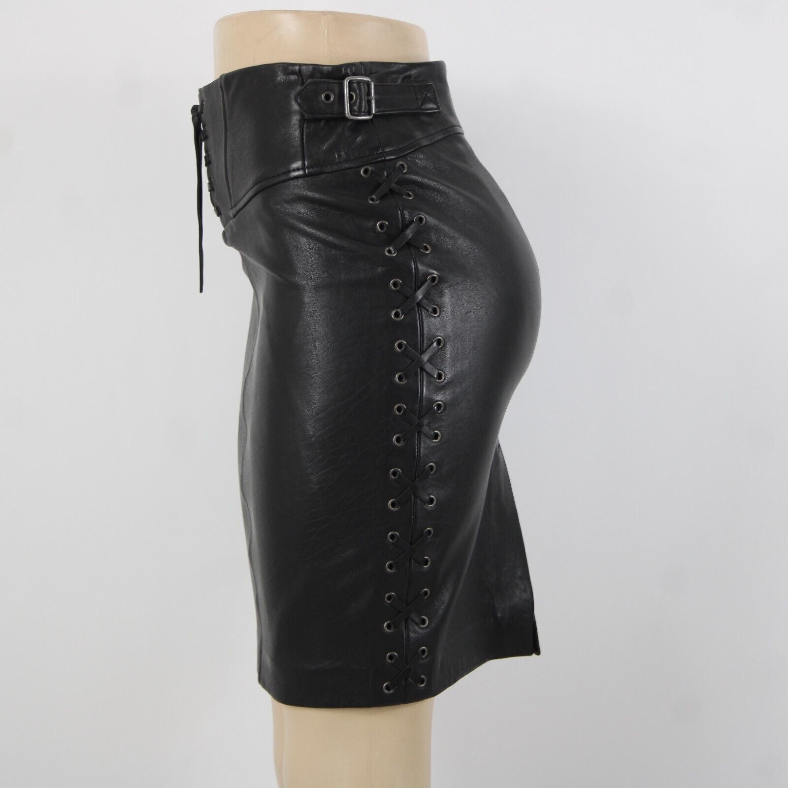 Set NEW Sz 2 Black Lined Buckle Detail Laced Zip Closure 100% Soft Leather Skirt