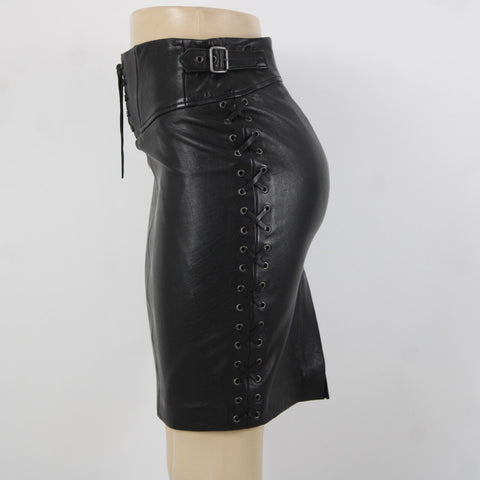 Set NEW Sz 2 Black Lined Buckle Detail Laced Zip Closure 100% Soft Leather Skirt