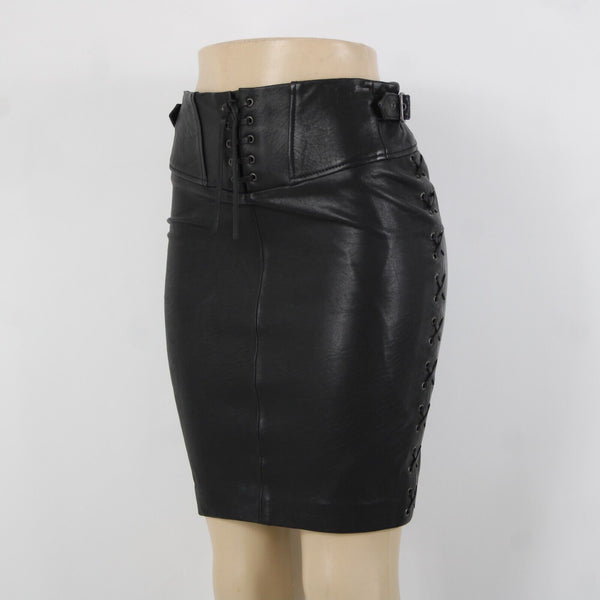 Set NEW Sz 2 Black Lined Buckle Detail Laced Zip Closure 100% Soft Leather Skirt