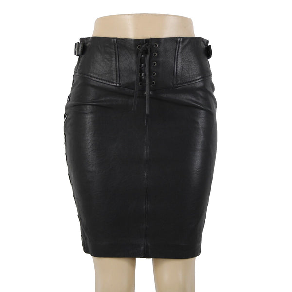 Set NEW Sz 2 Black Lined Buckle Detail Laced Zip Closure 100% Soft Leather Skirt