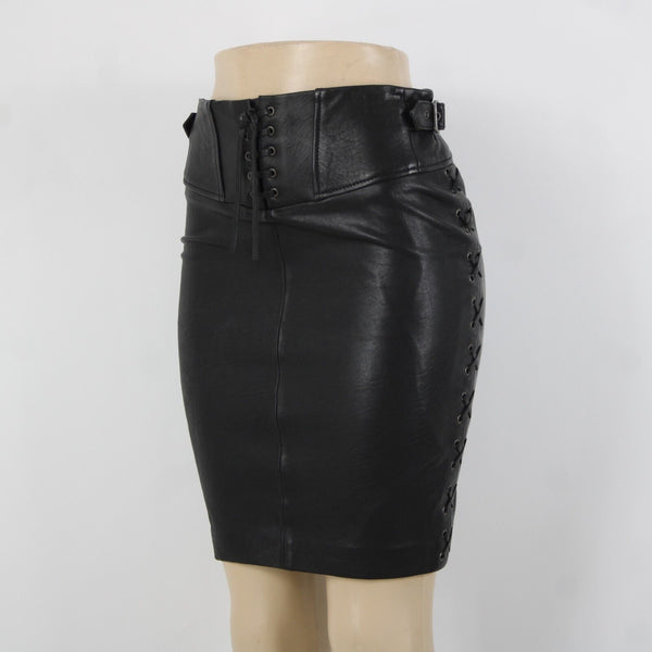 Set NEW Sz 2 Black Lined Buckle Detail Laced Zip Closure 100% Soft Leather Skirt