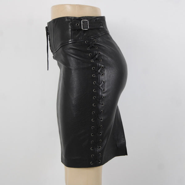 Set NEW Sz 2 Black Lined Buckle Detail Laced Zip Closure 100% Soft Leather Skirt