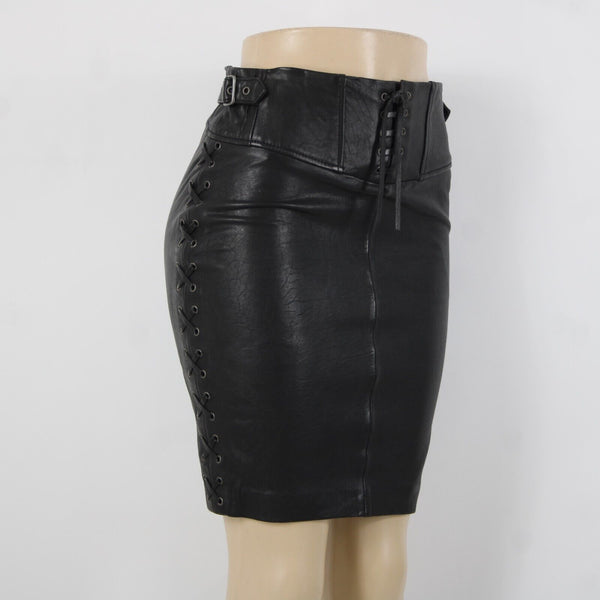 Set NEW Sz 2 Black Lined Buckle Detail Laced Zip Closure 100% Soft Leather Skirt