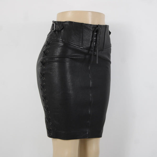 Set NEW Sz 2 Black Lined Buckle Detail Laced Zip Closure 100% Soft Leather Skirt
