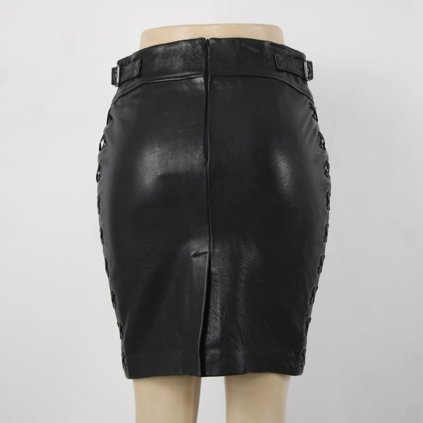 Set NEW Sz 2 Black Lined Buckle Detail Laced Zip Closure 100% Soft Leather Skirt