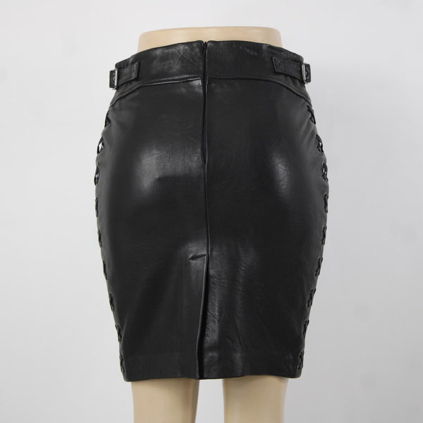 Set NEW Sz 2 Black Lined Buckle Detail Laced Zip Closure 100% Soft Leather Skirt