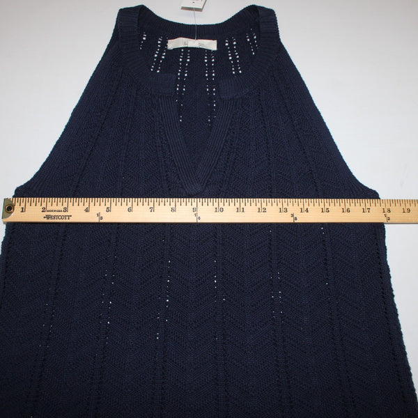 Loft Top NEW $55 Sz L Navy Blue Open Knit V Neck Unlined 100% Cotton Top