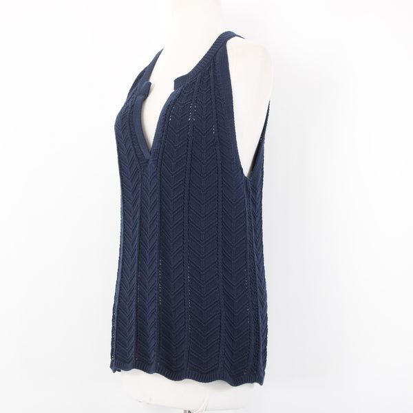 Loft Top NEW $55 Sz L Navy Blue Open Knit V Neck Unlined 100% Cotton Top