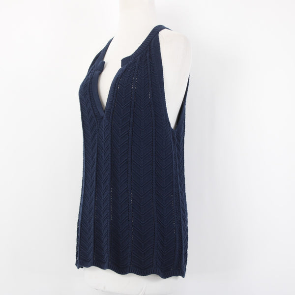 Loft Top NEW $55 Sz L Navy Blue Open Knit V Neck Unlined 100% Cotton Top