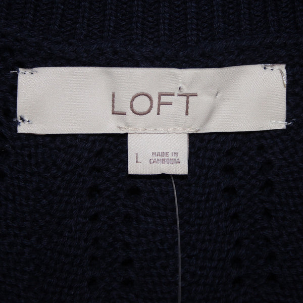 Loft Top NEW $55 Sz L Navy Blue Open Knit V Neck Unlined 100% Cotton Top