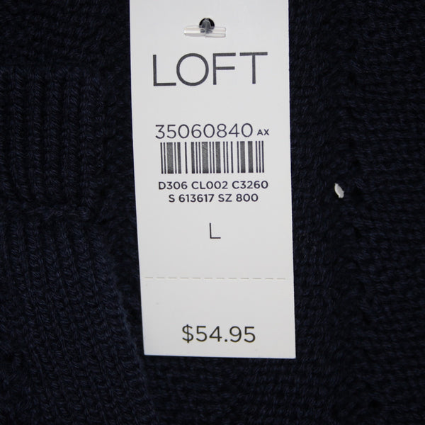 Loft Top NEW $55 Sz L Navy Blue Open Knit V Neck Unlined 100% Cotton Top