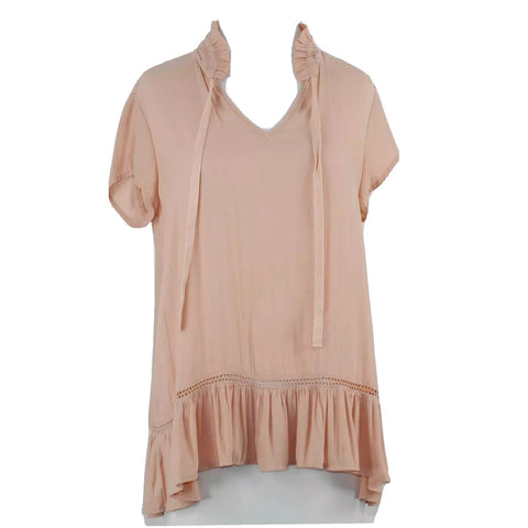 RO & DE Sz S Peach Hi Lo Ruffle Drawstring Neck Silky Polyester Top