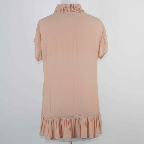 RO & DE Sz S Peach Hi Lo Ruffle Drawstring Neck Silky Polyester Top