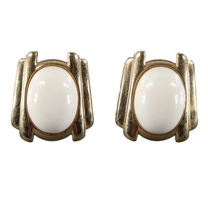 Trifari Vintage Goldtone Cream Enamel Stone 1.5" Huggie Clip On Earrings