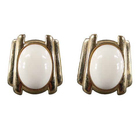 Trifari Vintage Goldtone Cream Enamel Stone 1.5" Huggie Clip On Earrings
