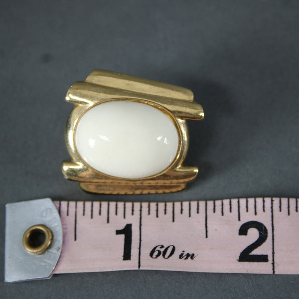 Trifari Vintage Goldtone Cream Enamel Stone 1.5" Huggie Clip On Earrings