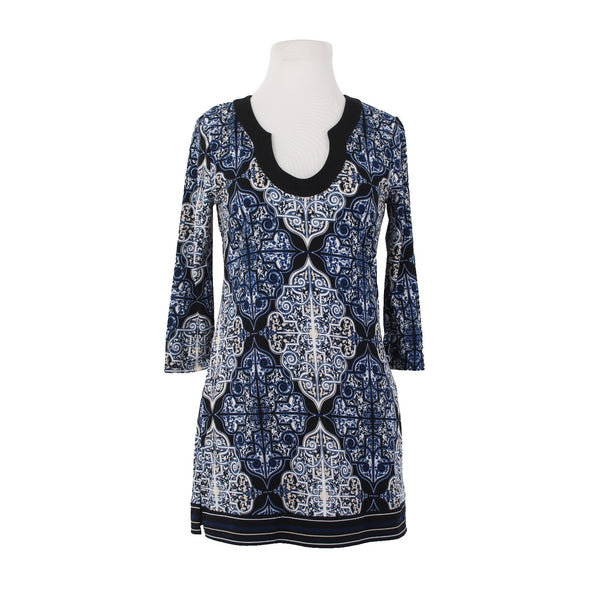 White House Black Market Top Sz XS Navy Blue Black White Tunic Poly Spandex Top