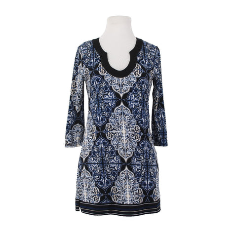 White House Black Market Top Sz XS Navy Blue Black White Tunic Poly Spandex Top