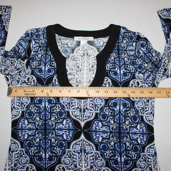 White House Black Market Top Sz XS Navy Blue Black White Tunic Poly Spandex Top