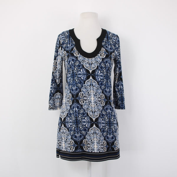 White House Black Market Top Sz XS Navy Blue Black White Tunic Poly Spandex Top