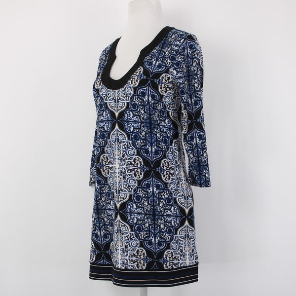 White House Black Market Top Sz XS Navy Blue Black White Tunic Poly Spandex Top