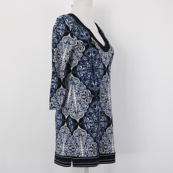 White House Black Market Top Sz XS Navy Blue Black White Tunic Poly Spandex Top