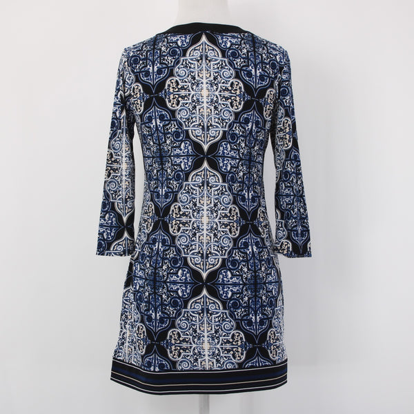 White House Black Market Top Sz XS Navy Blue Black White Tunic Poly Spandex Top