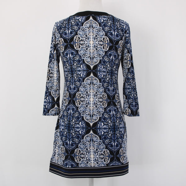 White House Black Market Top Sz XS Navy Blue Black White Tunic Poly Spandex Top