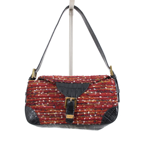 St John 10 x 7 x 3 Black Red Multi Gold Hardware Leather Tweed Shoulder Purse
