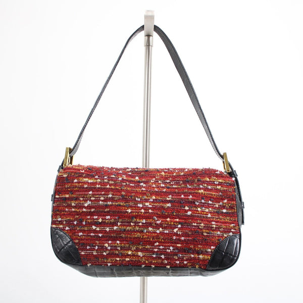 St John 10 x 7 x 3 Black Red Multi Gold Hardware Leather Tweed Shoulder Purse