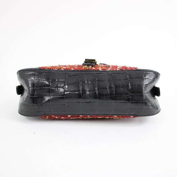 St John 10 x 7 x 3 Black Red Multi Gold Hardware Leather Tweed Shoulder Purse
