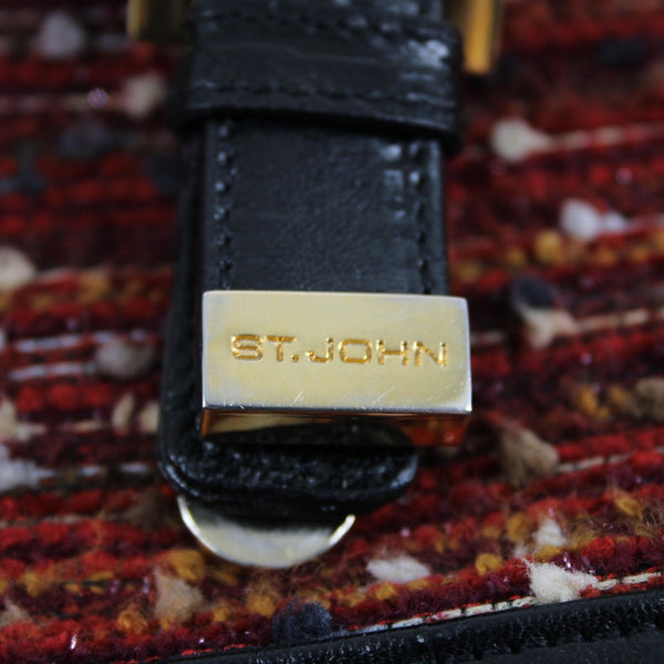 St John 10 x 7 x 3 Black Red Multi Gold Hardware Leather Tweed Shoulder Purse