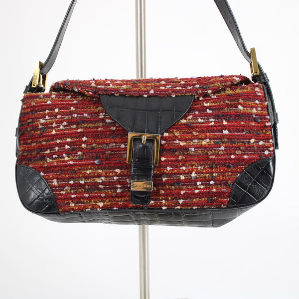 St John 10 x 7 x 3 Black Red Multi Gold Hardware Leather Tweed Shoulder Purse