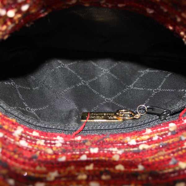 St John 10 x 7 x 3 Black Red Multi Gold Hardware Leather Tweed Shoulder Purse