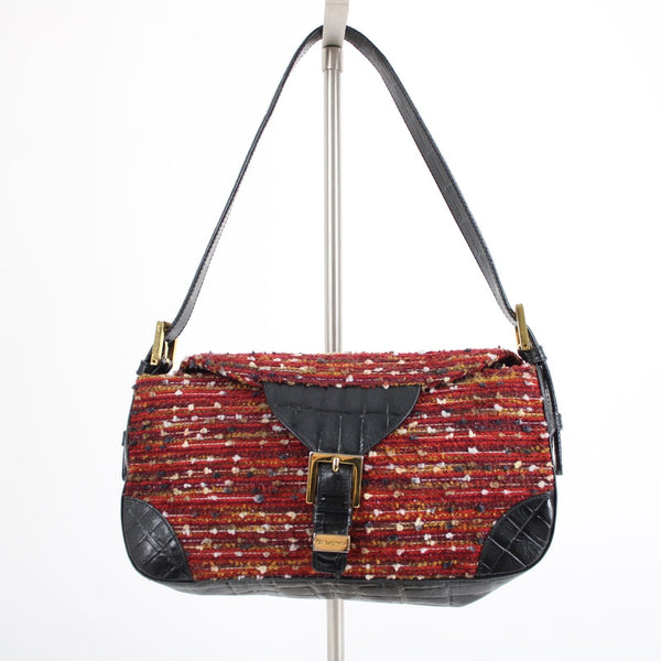 St John 10 x 7 x 3 Black Red Multi Gold Hardware Leather Tweed Shoulder Purse