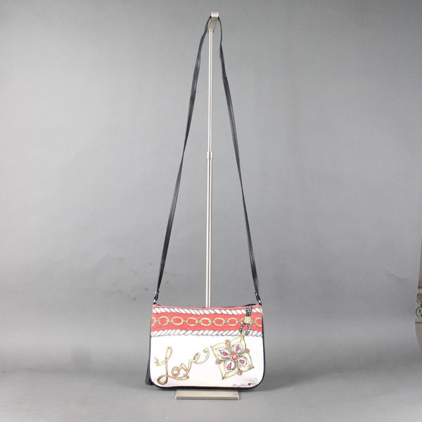 Brighton 10 x 8 1 White Red Multi Black Trim Cotton Poly Crossbody  AS IS Purse